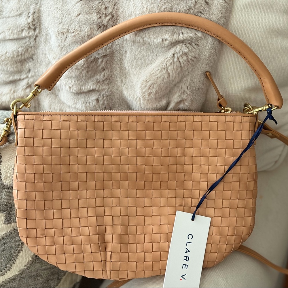 Clare V Woven Leather Shoulder Bag in Camel
